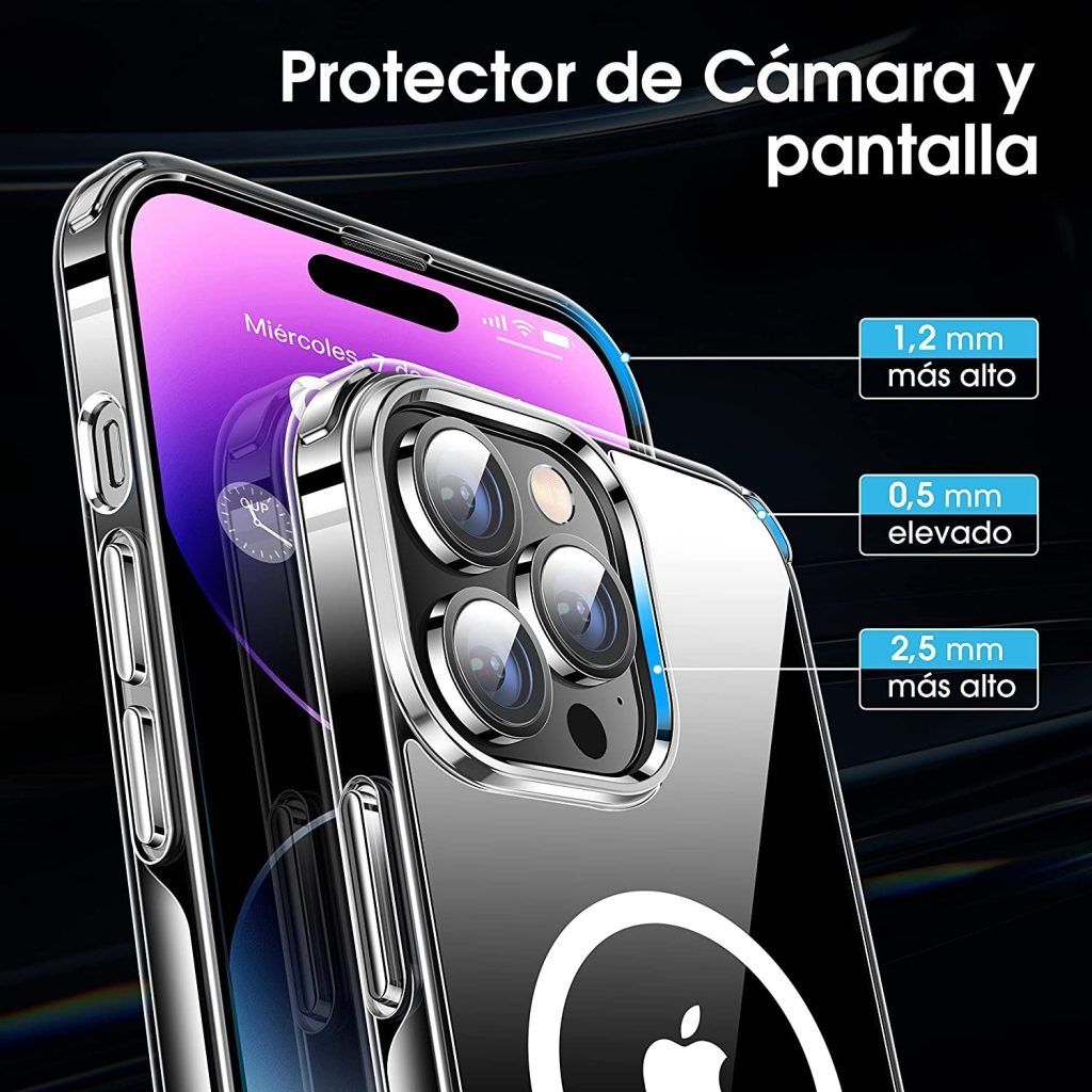 Protector de C&aacute;mara y pantalla con 1.2mm mas alto al per&iacute;metro al frente y 0.5mm mas alto en la camara principal, m&aacute;s protecci&oacute;n para el Iphone 14